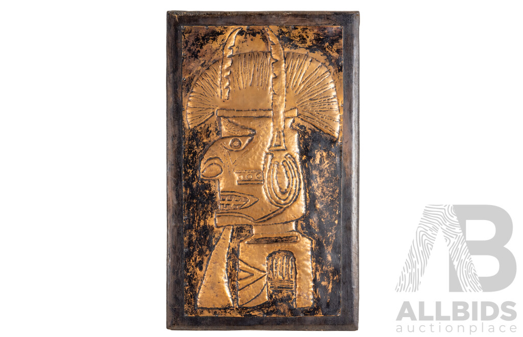 Mid Century Original Embossed Copper Portrait of South American Warrior or Deity, 44H x 27W cm