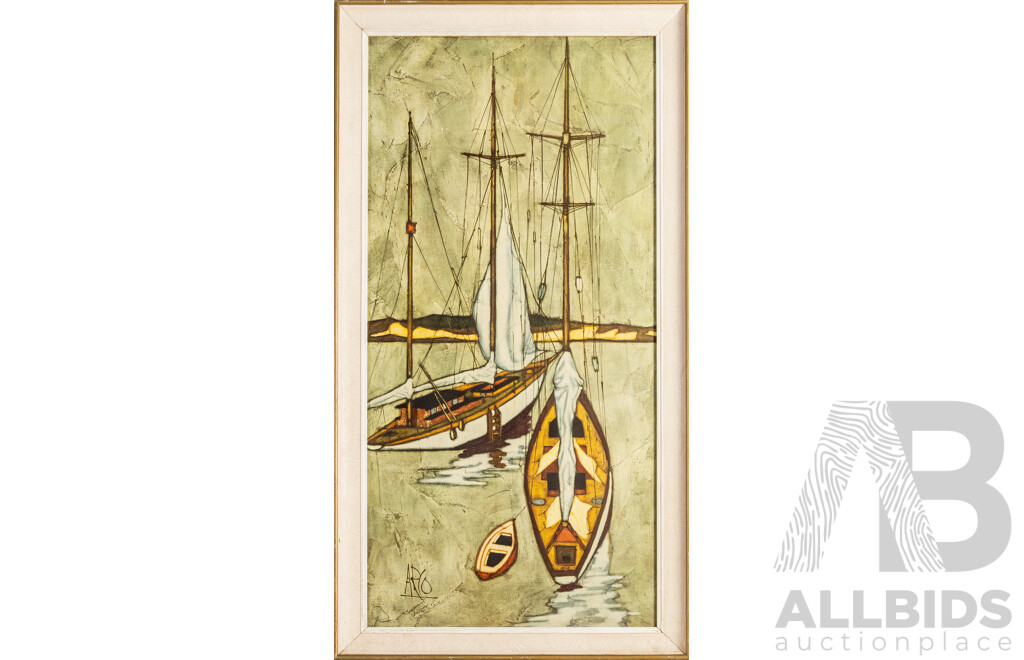 ARCO, (20th Century), White Sail, (1960s), Wonderful Original Mid Century Reproduction Print on Masonite, 89H x 48W cm (frame)