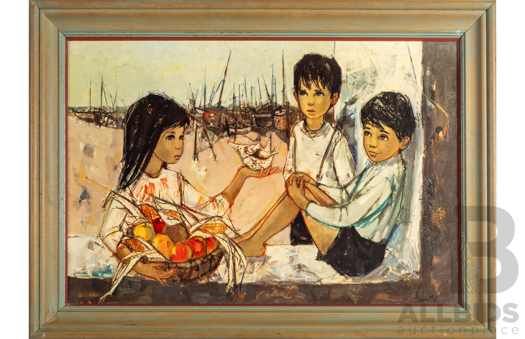 Jean-Baptiste Valadie (20th Century, French, 1933-) , Fisherman's Children, Mid Century Lithograph on Board, 61H x 85W Cm (frame)