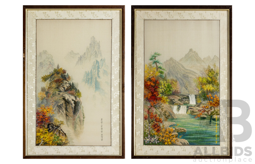 Artists Unknown (20th Century, Korean), Mount Kumgang, Bodeok Shrine & Diamond Mountains, Pair of Vintage Korean Silk Thread Needleworks, 59H x W cm (largest frame) (2)