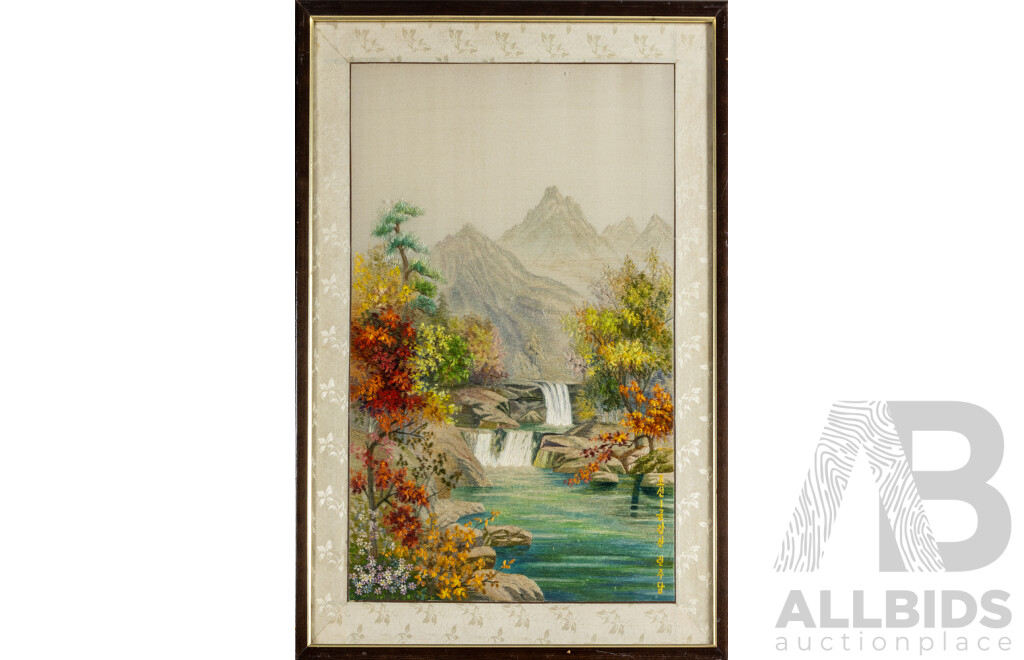 Artists Unknown (20th Century, Korean), Mount Kumgang, Bodeok Shrine & Diamond Mountains, Pair of Vintage Korean Silk Thread Needleworks, 59H x W cm (largest frame) (2)