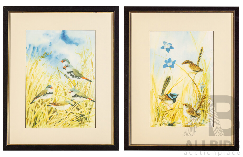 Helen Fitzgerald (20th Century, Australian, 1945-), Blue Wrens & Diamond Firetail Finches, Lovely Pair of Limited Editioned Prints of Original Watercolours, 62H x 50W cm (frames) (2)