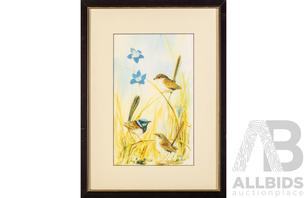 Helen Fitzgerald (20th Century, Australian, 1945-), Blue Wrens & Diamond Firetail Finches, Lovely Pair of Limited Editioned Prints of Original Watercolours, 62H x 50W cm (frames) (2)