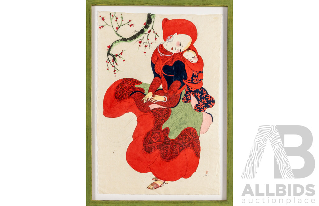 Lan (20th Century, Vietnamese), Mother and Child with Blossoms, Wonderful Original Pencil, Ink & Watercolour on Rice Paper, 66H x 47W cm (frame)