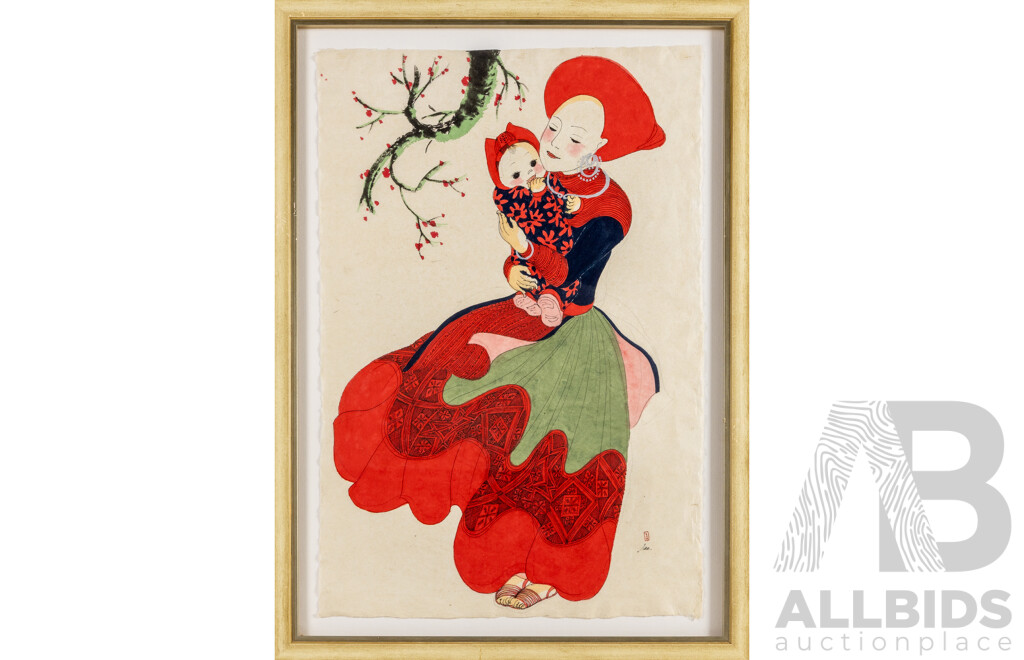 Lan (20th Century, Vietnamese), Mother and Child with Blossoms II, Wonderful Original Pencil, Ink & Watercolour on Rice Paper, 68H x 49W cm (frame)