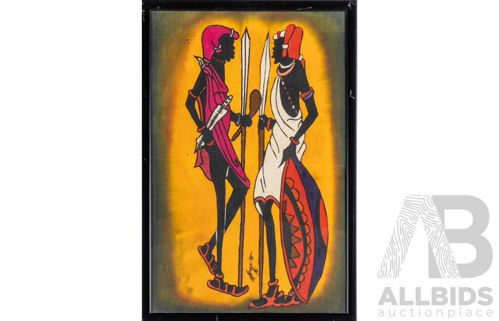 Signed Indistinctly (20th Century, African), Maasai Warriors (1976), Vintage Handmade Batik Cloth Dye on Textile Panel, 68H x 45W cm (frame)