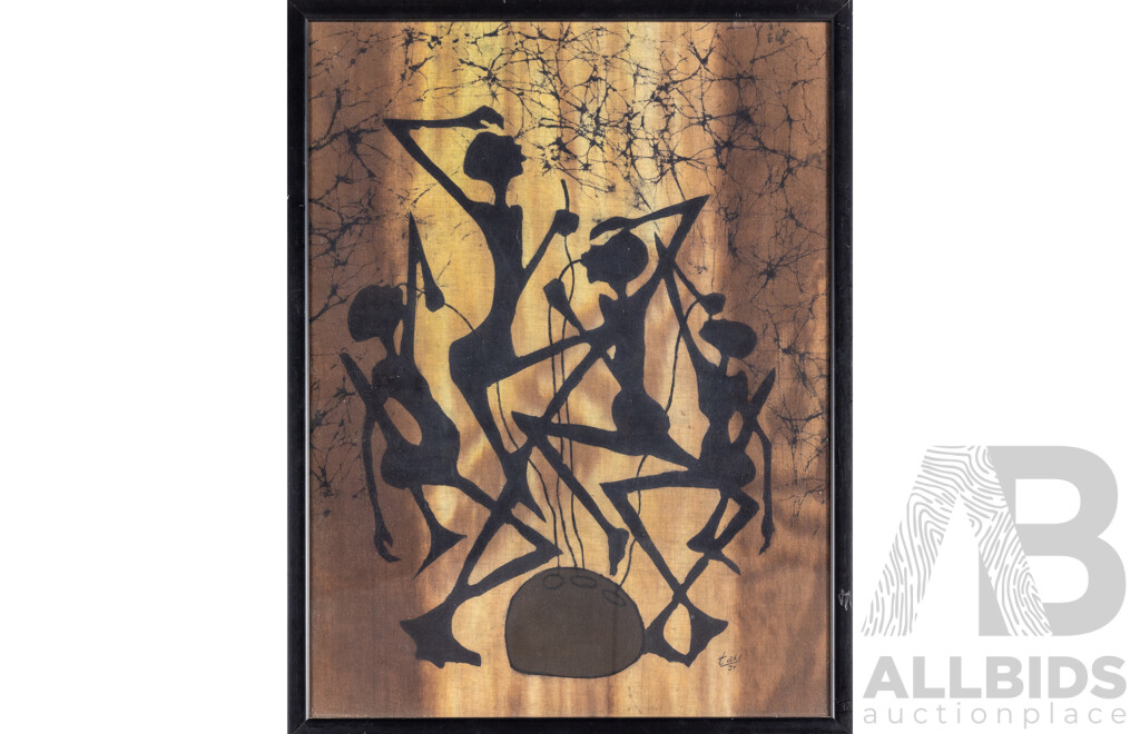 Tali Jr (20th Century, East African), Rhythms Around the Ngoma, Original Vintage Hand -Dyed Wax Batik on Cotton, 67H x 51W cm (frame)