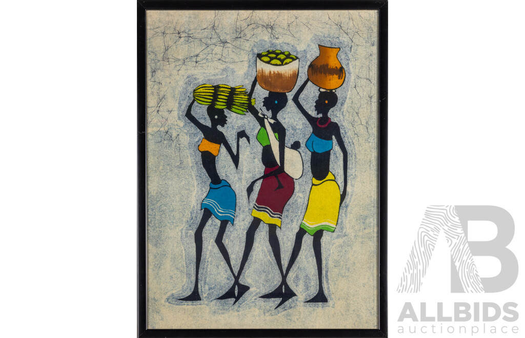 Artist Unknown (20th Century, East African), Sisters of the Harvest, Original Batik on Cloth Panel, 74H x 55W cm (frame)