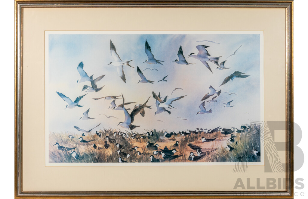 Judith Roberts, (20th Century, Australian, 1932-2022), Shore Birds Going Home, Wonderful Quality Reproduction Print of Original Watercolour, 67 x 94 cm (frame)