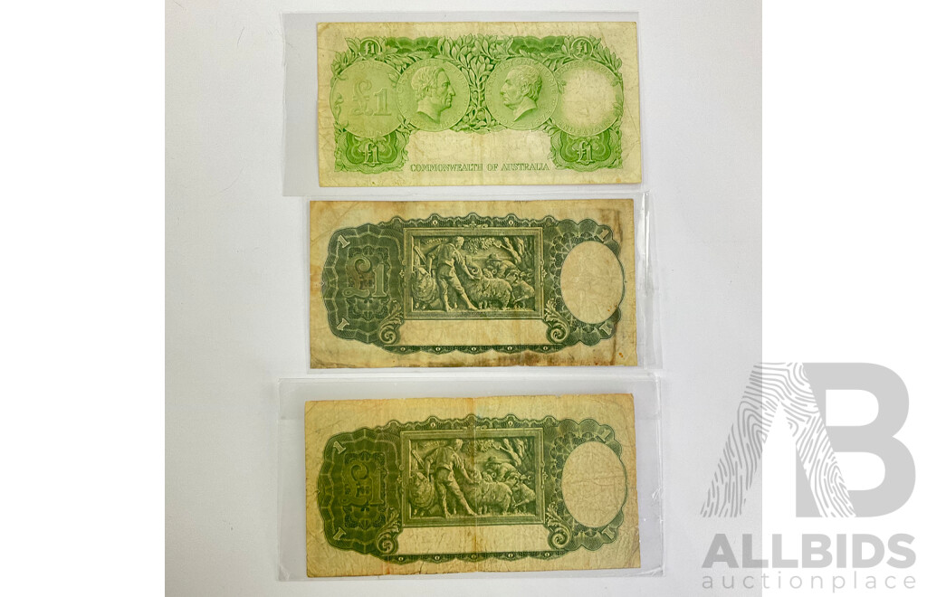 Three Australian One Pound Notes Including 1942 One Pound Armitage/McFarlane, 1952, 1953 Coombs/Wilson,