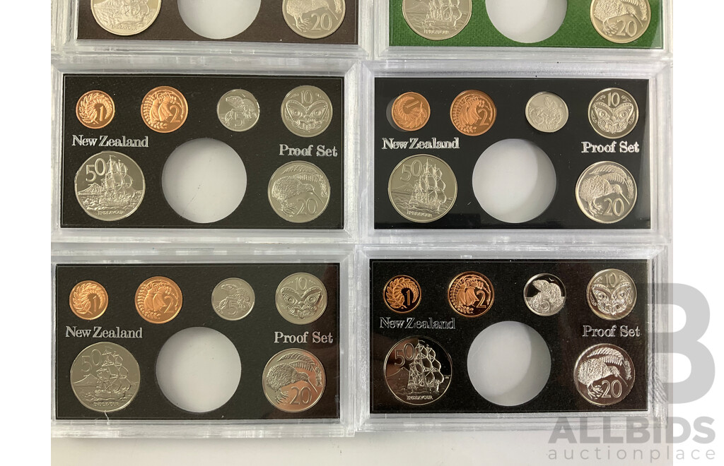 Twelve New Zealand Proof Coin Sets, All Lacking One Dollar Coin, 1976, 1979, 1980, 1981(2) 1982(2) 1984, 1985, 1987(2) 1997