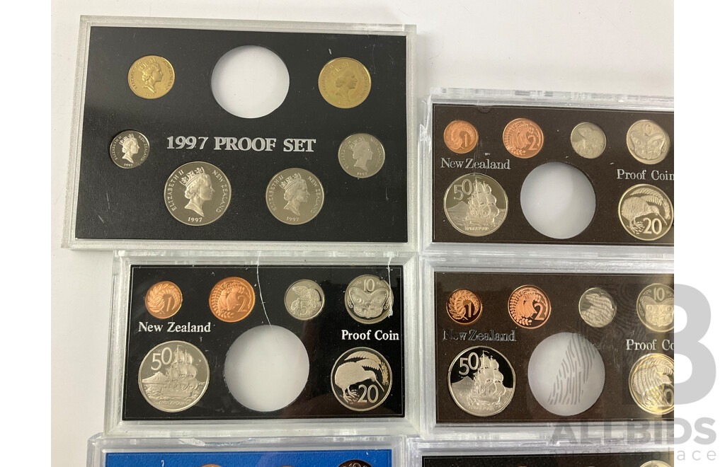 Twelve New Zealand Proof Coin Sets, All Lacking One Dollar Coin, 1976, 1979, 1980, 1981(2) 1982(2) 1984, 1985, 1987(2) 1997