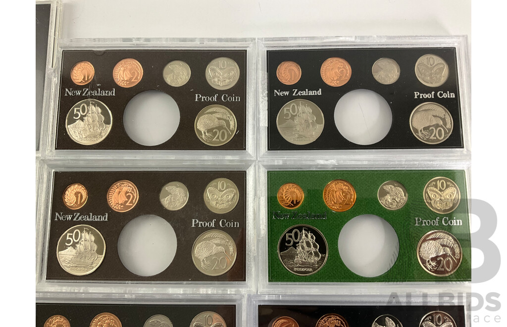 Twelve New Zealand Proof Coin Sets, All Lacking One Dollar Coin, 1976, 1979, 1980, 1981(2) 1982(2) 1984, 1985, 1987(2) 1997
