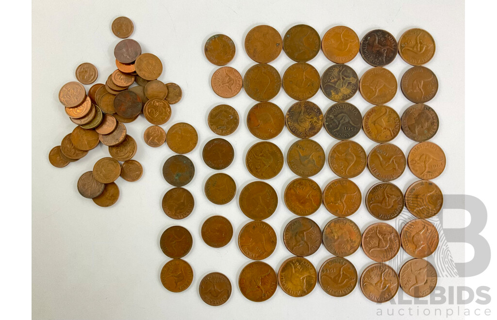 Thirty Five Australian KGVI/QE2 Pennies, Examples Spanning 1938 to 1964, Twelve Pennies Spanning 1943 to 1964 with Collection of One and Two Cent Coins and Players Cigarette Tin