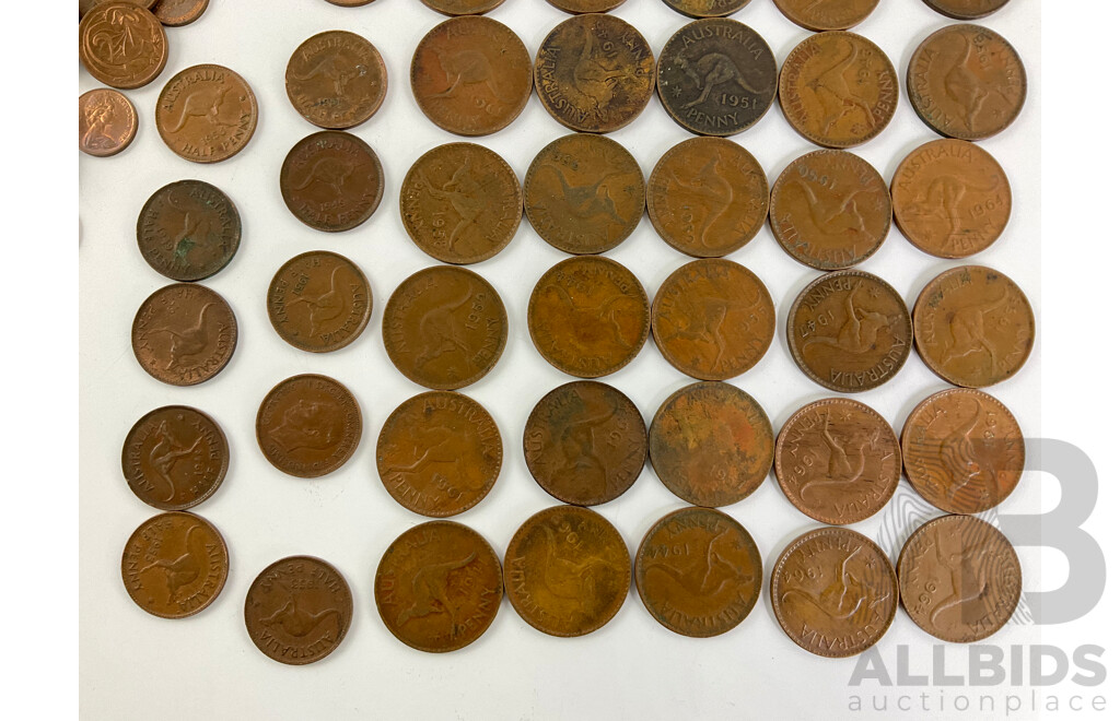 Thirty Five Australian KGVI/QE2 Pennies, Examples Spanning 1938 to 1964, Twelve Pennies Spanning 1943 to 1964 with Collection of One and Two Cent Coins and Players Cigarette Tin