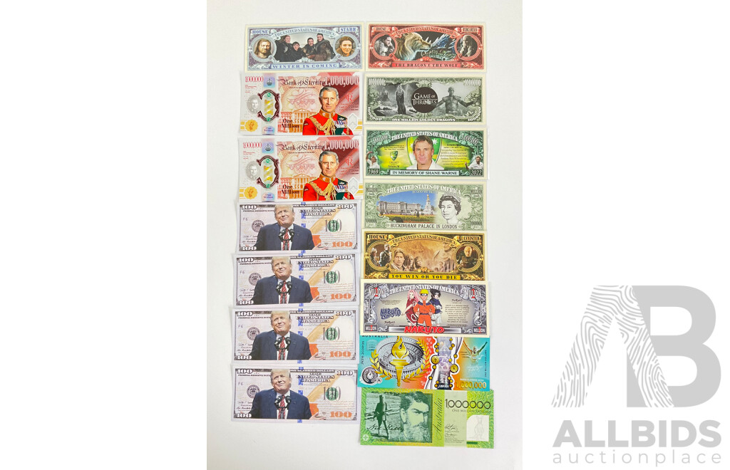 Collection of Novelty Bank Notes Including Donald Trump, Shane Warne, King Charles, Ned Kelly, Zimbabwe