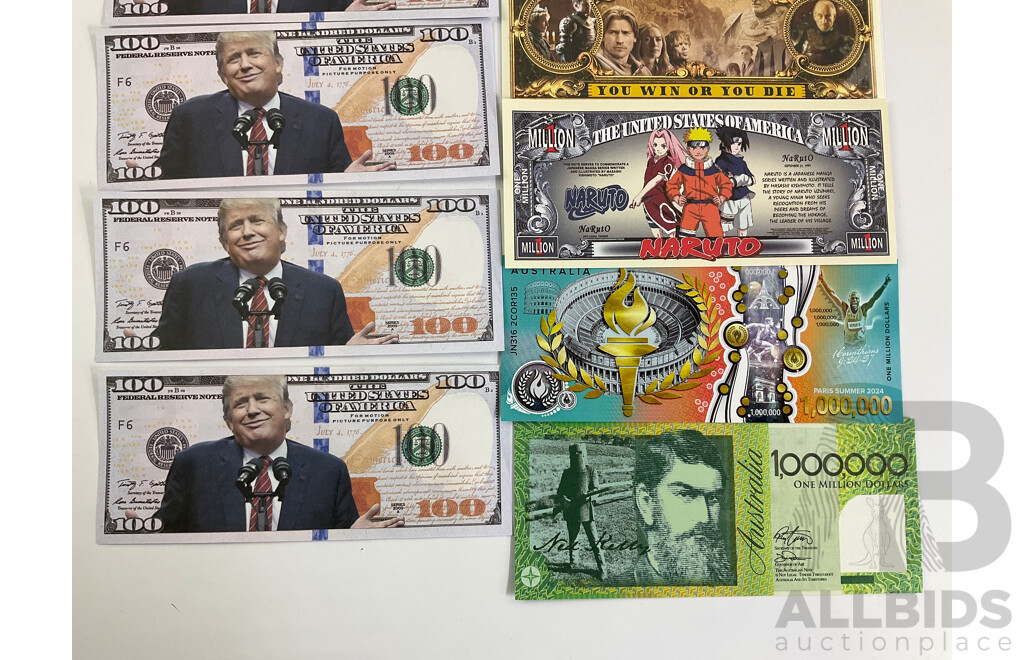 Collection of Novelty Bank Notes Including Donald Trump, Shane Warne, King Charles, Ned Kelly, Zimbabwe