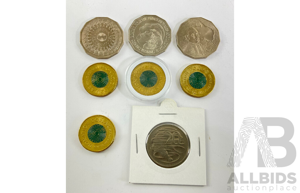 Four Australian 2020/21 Donation Dollars, 1981 Twenty Cent Canada Mint, Three Commemorative Fifty Cents 1970, 1977, 1981