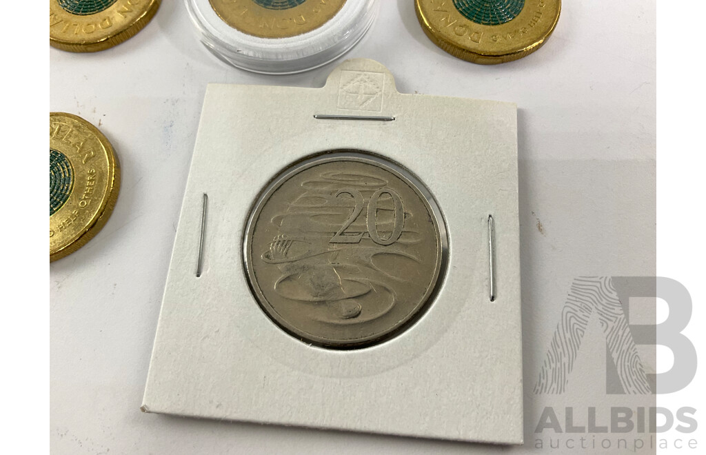 Four Australian 2020/21 Donation Dollars, 1981 Twenty Cent Canada Mint, Three Commemorative Fifty Cents 1970, 1977, 1981