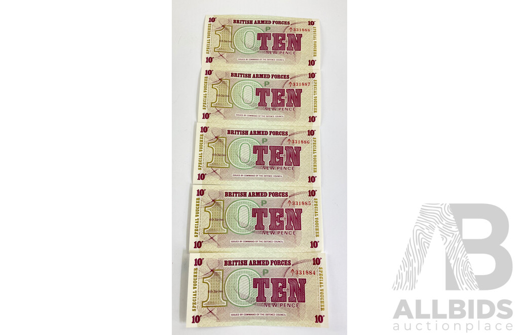 Five United Kingdom 1972 British Armed Forces Ten Pence Notes, Consecutive AI 331884 -  AI 331888