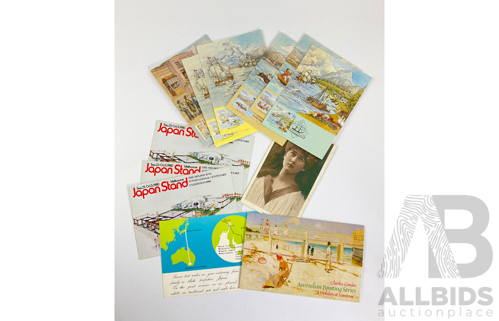 Australian 1987 First Fleet Post Cards, Painting Series Five Dollar Mint Stamp, AUSIPEX 1984 Japan Stand Post Cards