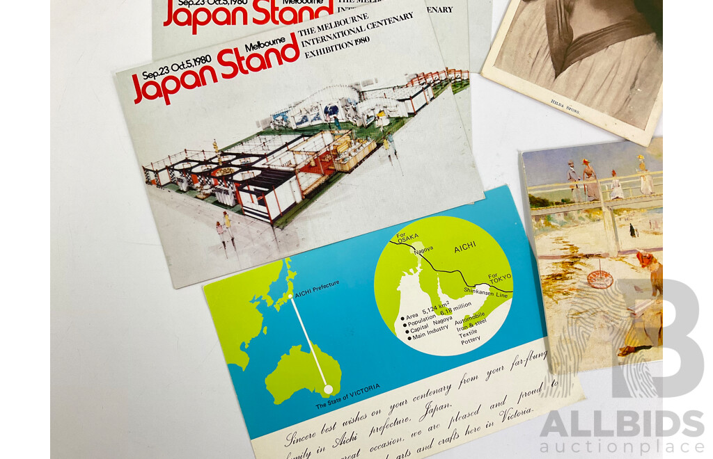 Australian 1987 First Fleet Post Cards, Painting Series Five Dollar Mint Stamp, AUSIPEX 1984 Japan Stand Post Cards