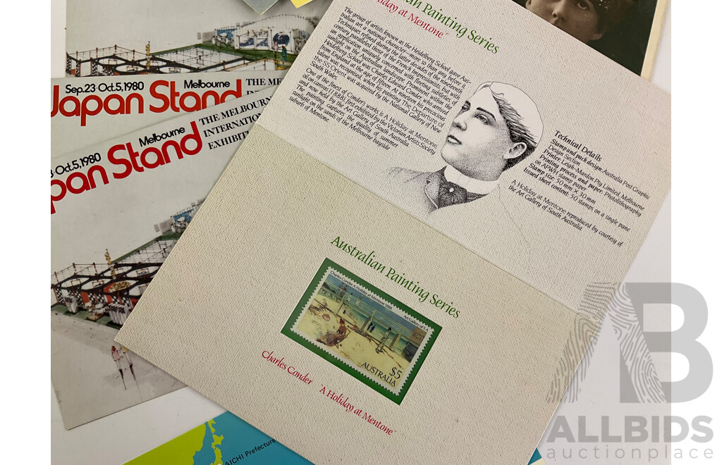 Australian 1987 First Fleet Post Cards, Painting Series Five Dollar Mint Stamp, AUSIPEX 1984 Japan Stand Post Cards