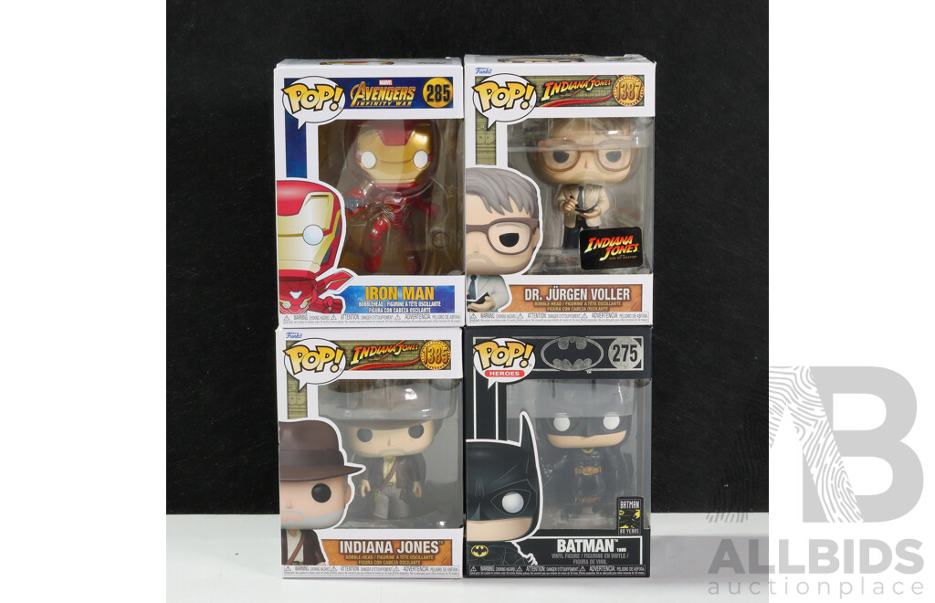 Funko Pops! Figures Including Batman, Iron Man, Indiana Jones