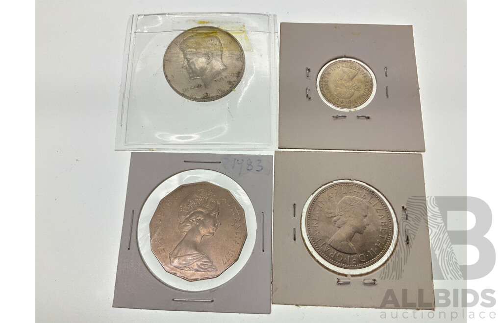 Australian 1960 Silver Florin, 1962 Sixpence, 1977 Fifty Cents Jubilee,  USA 1965 Silver Kennedy Half Dollar