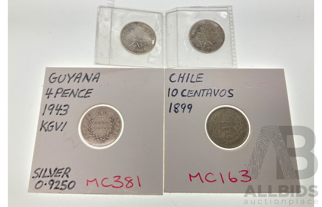 Two Australian 1943 Silver Threepence, Chile 1899 Silver Ten Centavos, British Guyana 1943 Silver Fourpence