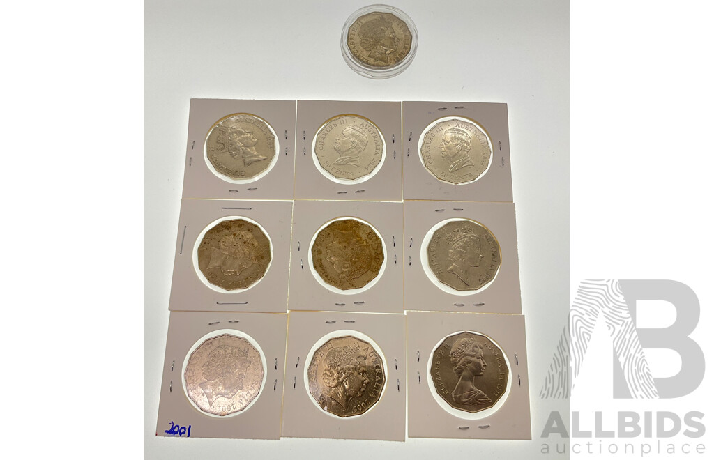 Collection of Australian Commemorative Fifty Cent Coins Including 2001 Federation(2), 2005 Remembrance, 2024 NAIDOC(2), 2000 Millennium(2) 1995 Dunlop, 1977 Jubilee