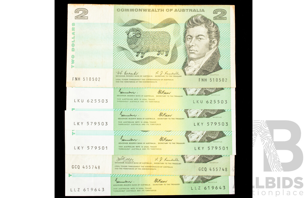 Australian Two Dollar Notes 1967 Coombs/Randall, 1968 Phillips/Randall, 1985 Johnston/Fraser R82 R83 R89