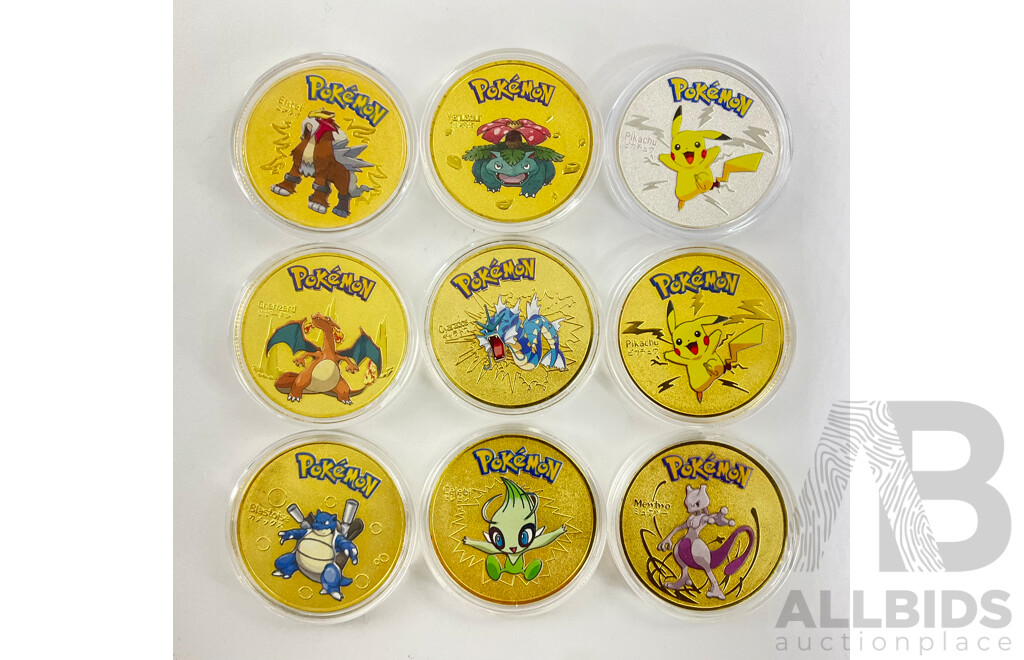Nine Pokemon Coins Including Venusaur, Pikachu, Celebi, Blastoisegyrados, Mewtwo, Charizard, Entei, Gyrados
