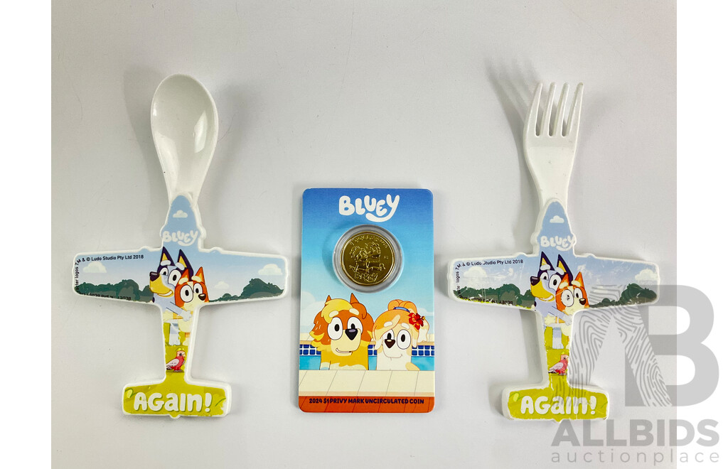 Australian 2024 KCIII UNC One Dollar Coin, Bluey Dollar Buck Privy Mark Coin with Bluey Knife and Fork