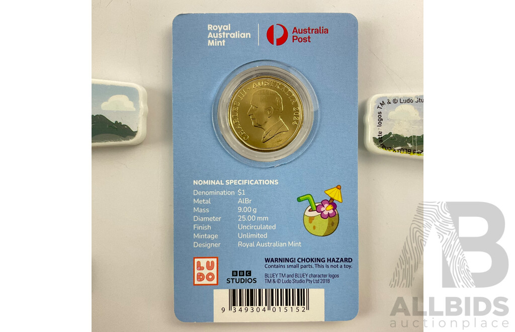 Australian 2024 KCIII UNC One Dollar Coin, Bluey Dollar Buck Privy Mark Coin with Bluey Knife and Fork