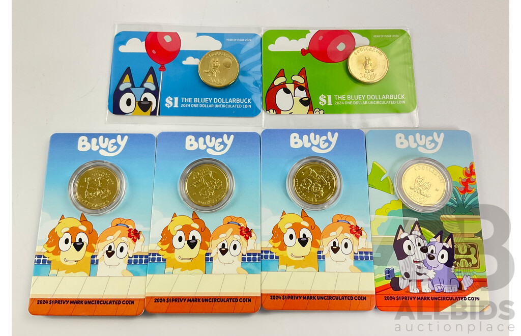 Six Australian 2024 KCIII UNC One Dollar Coins, Bluey Bucks Including Four Privy Mark, Rad and Frisky, Bluey and Bingo