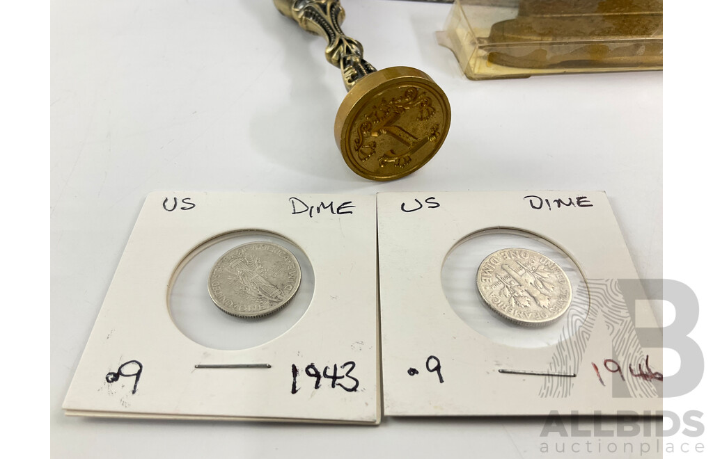 Vintage Silver Coins Including UK 1840 Four Pence, USA 1943 and 1946 Dimes with Harrods Letter ‘L’ Seal and Wax, Regency Tea Rooms Tin