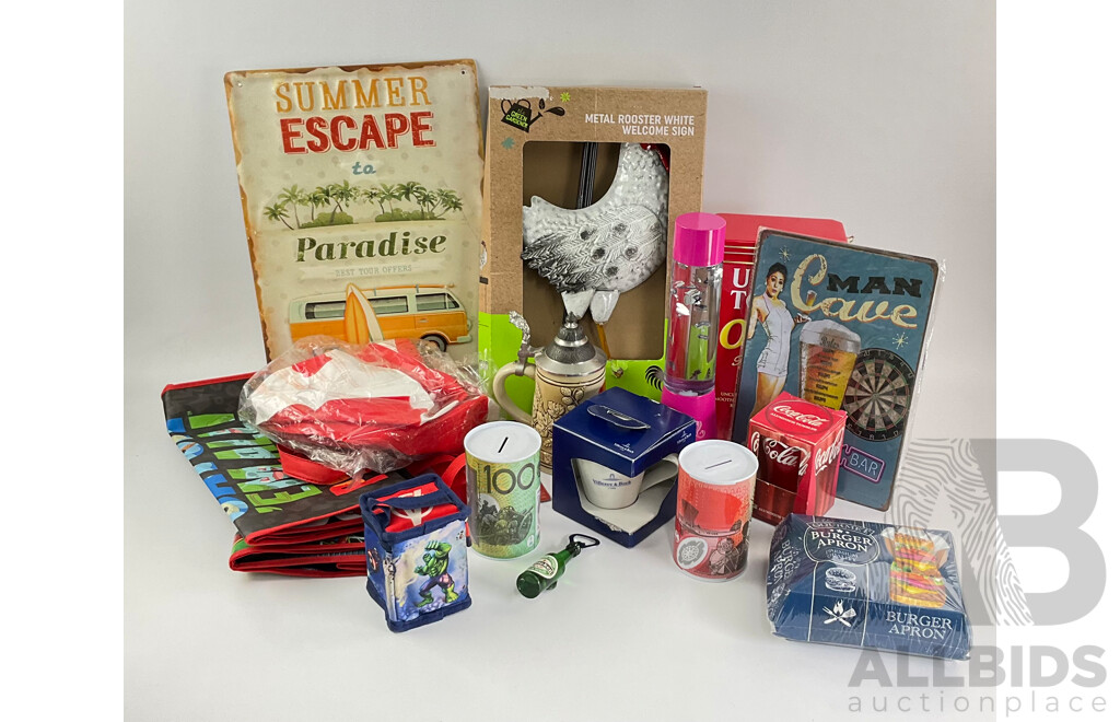 Collection of Collectables Villeroy & Boch, Tin Signs and Rooster, Money Tins, Pop Bags, Barbie Sparkle Lamp