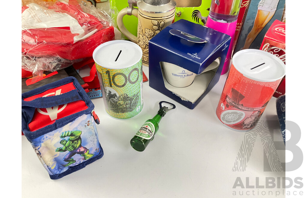 Collection of Collectables Villeroy & Boch, Tin Signs and Rooster, Money Tins, Pop Bags, Barbie Sparkle Lamp