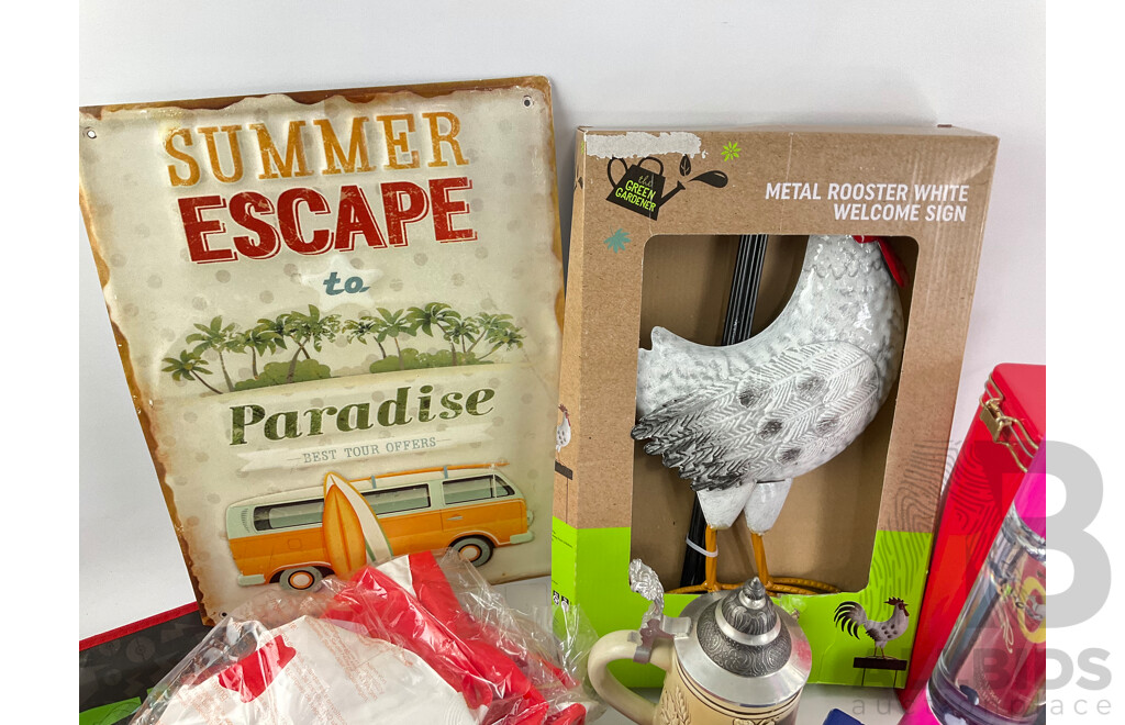 Collection of Collectables Villeroy & Boch, Tin Signs and Rooster, Money Tins, Pop Bags, Barbie Sparkle Lamp