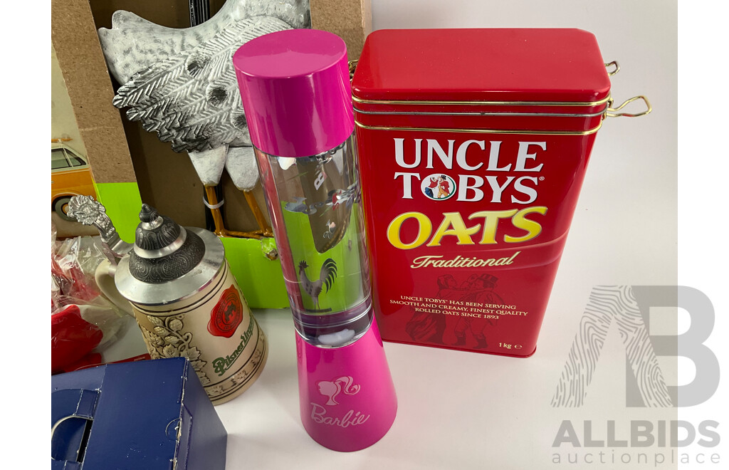 Collection of Collectables Villeroy & Boch, Tin Signs and Rooster, Money Tins, Pop Bags, Barbie Sparkle Lamp