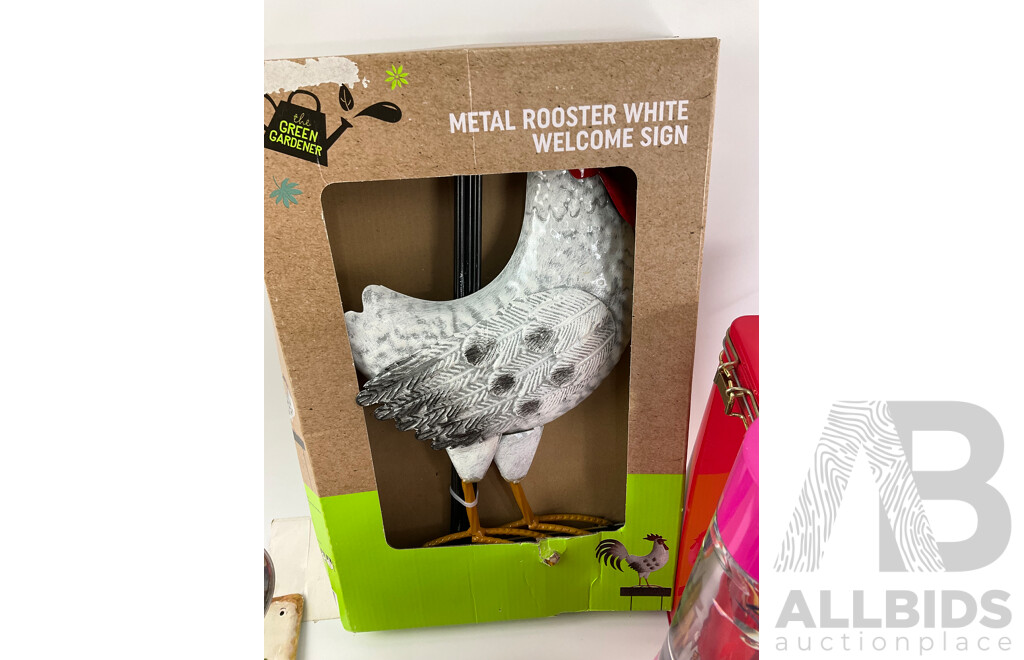 Collection of Collectables Villeroy & Boch, Tin Signs and Rooster, Money Tins, Pop Bags, Barbie Sparkle Lamp