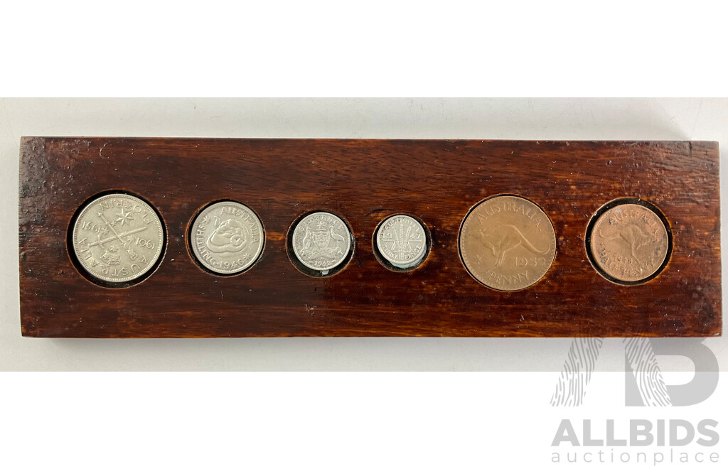 Australian KGVI Predecimal Coin Set Including 1951 Silver Commemorative Florin and 1942D Silver Sixpence