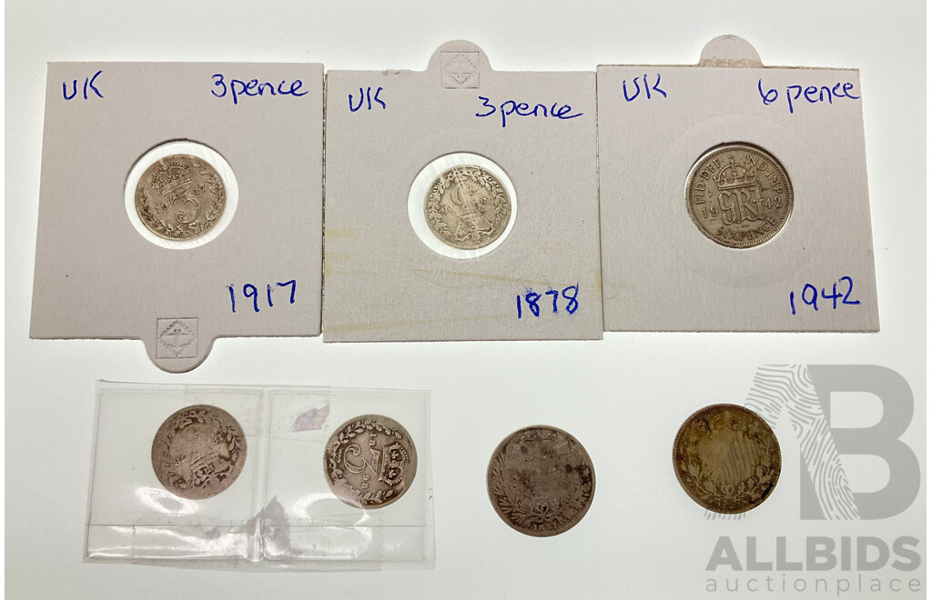 Collection of Silver United Kingdom Coins Including Sixpence 1851, 1888, 1942, Threepence 1878(2) 1898, 1917