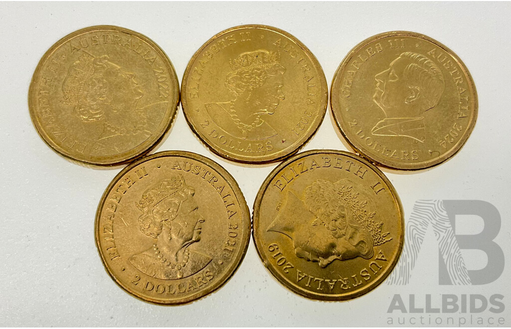 Five Australian Commemorative Two Dollar Coins Including 2019 One Hundred Years Repatriation, 2021 Aboriginal Flag, 2021 Indigenous Military Service 2022 Honey Bee, 2024 Animal Remembrance