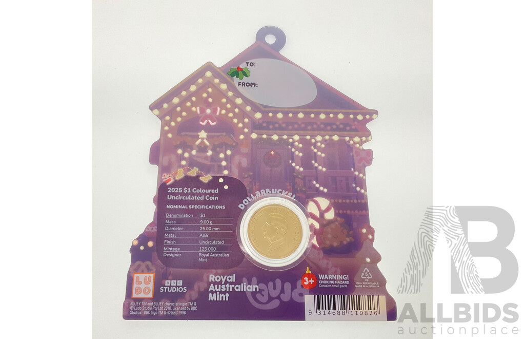 Australian RAM 2025 UNC Commemorative One Dollar Coin, Christmas Bluey Buck