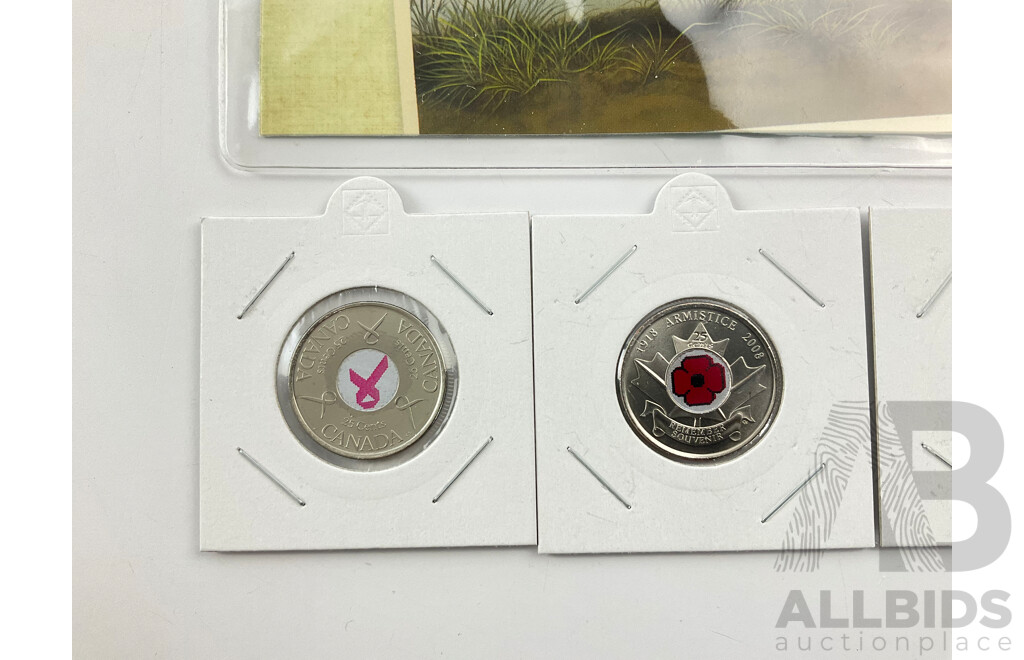Tuvalu Perth Mint 2013 Australian Shelduck PNC with Three Canadian Coloured Red Poppy Twenty Five Cents, 2006 Pink Ribbon
