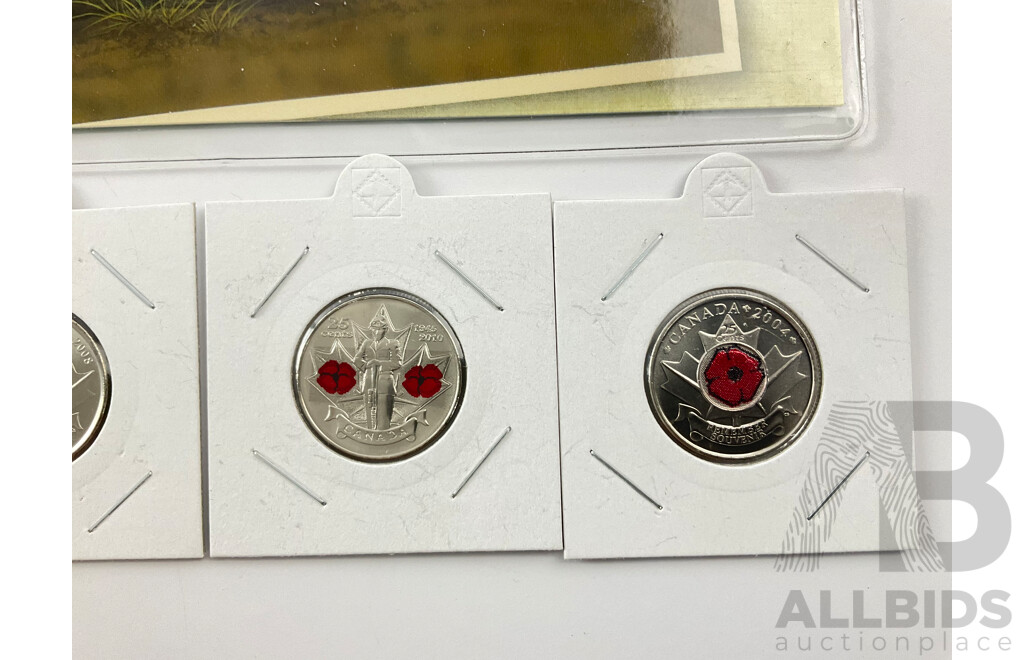 Tuvalu Perth Mint 2013 Australian Shelduck PNC with Three Canadian Coloured Red Poppy Twenty Five Cents, 2006 Pink Ribbon