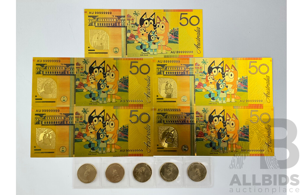 Five Australian 2024 One Dollar Bluey Bucks with Five Novelty Bluey Fifty Dollar Notes