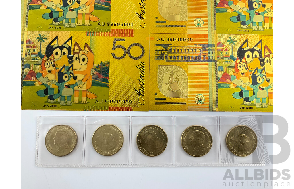 Five Australian 2024 One Dollar Bluey Bucks with Five Novelty Bluey Fifty Dollar Notes